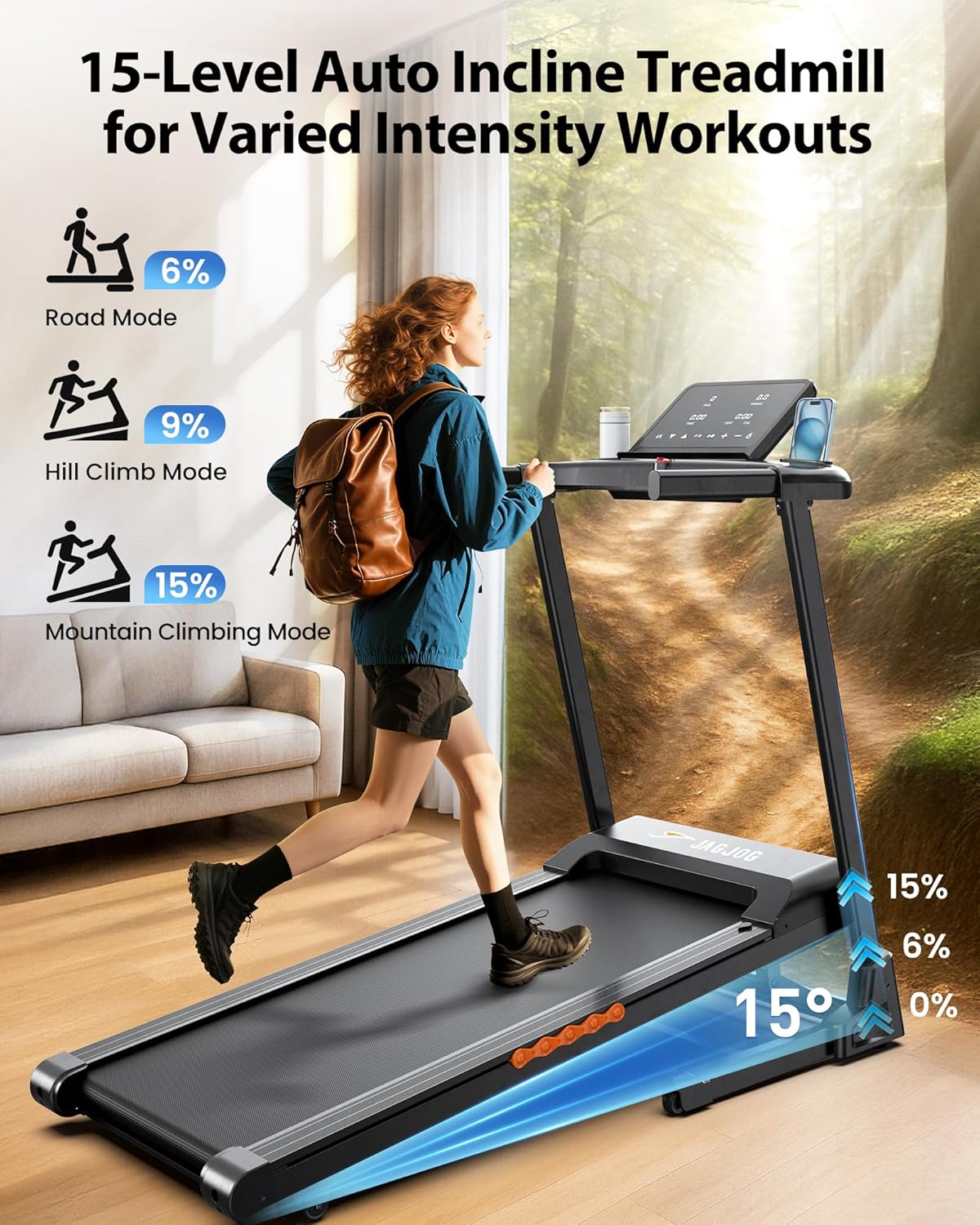 JT61 Treadmill for Home 15 Incline No Assembly Foldable Treadmill