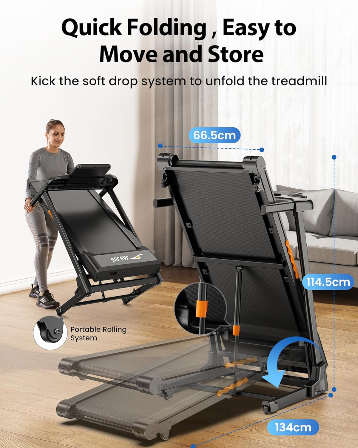JT61 Treadmill for Home 15 Incline No Assembly Foldable Treadmill