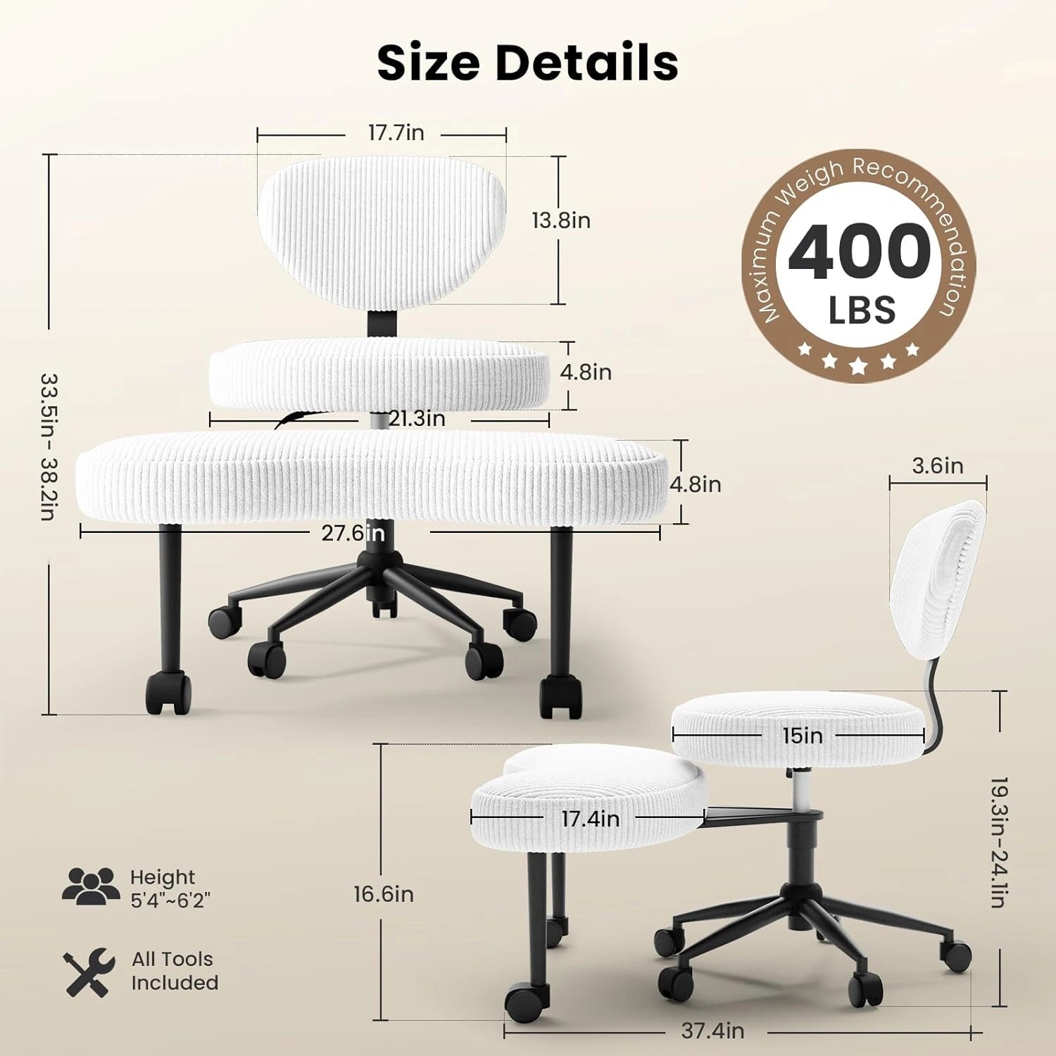 LPTYZ02 Criss Cross Office Chair White Corduroy Ergonomic Cross Legged Desk Chair