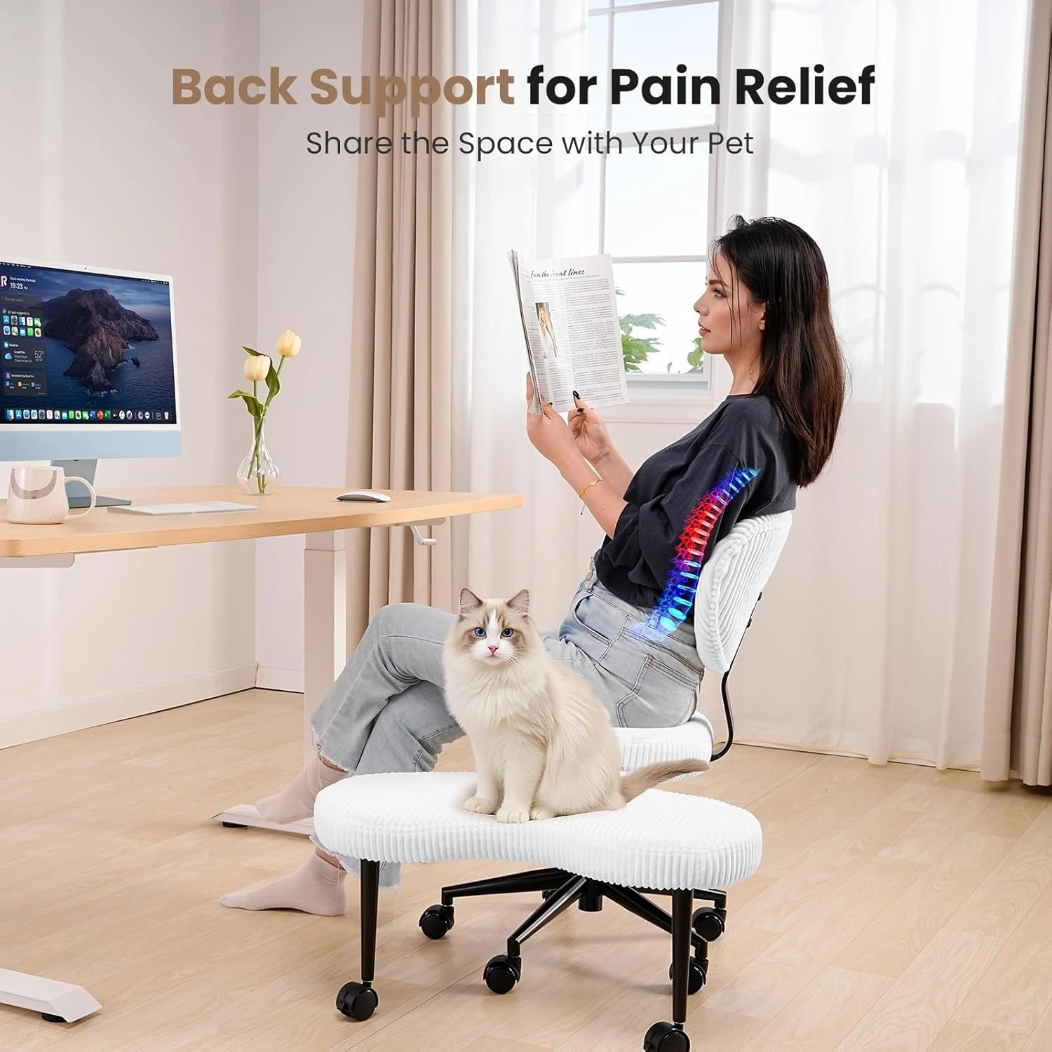 LPTYZ02 Criss Cross Office Chair White Corduroy Ergonomic Cross Legged Desk Chair