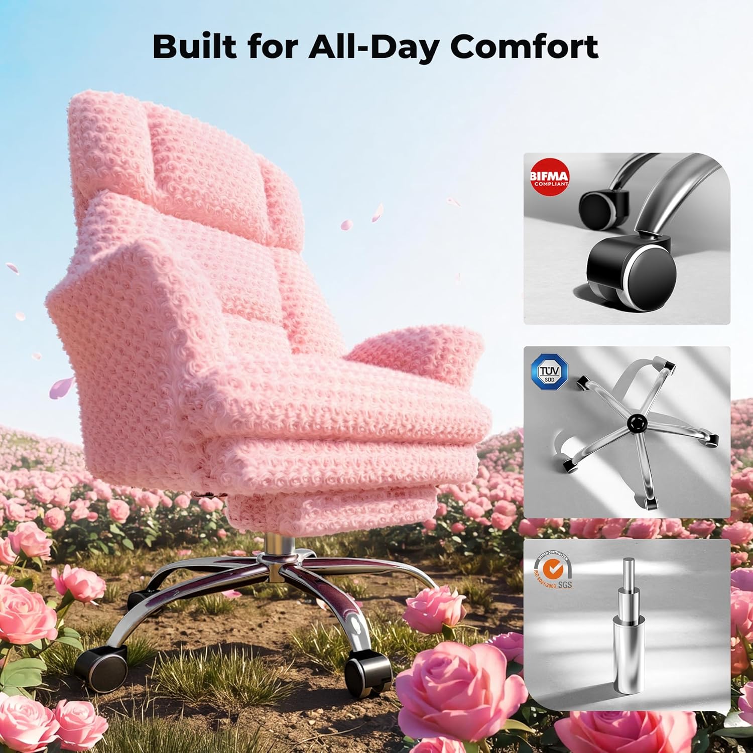 LBGYZ01 Rose Velvet Office Chair Wide Cross Legged Heavy Duty Desk Chair