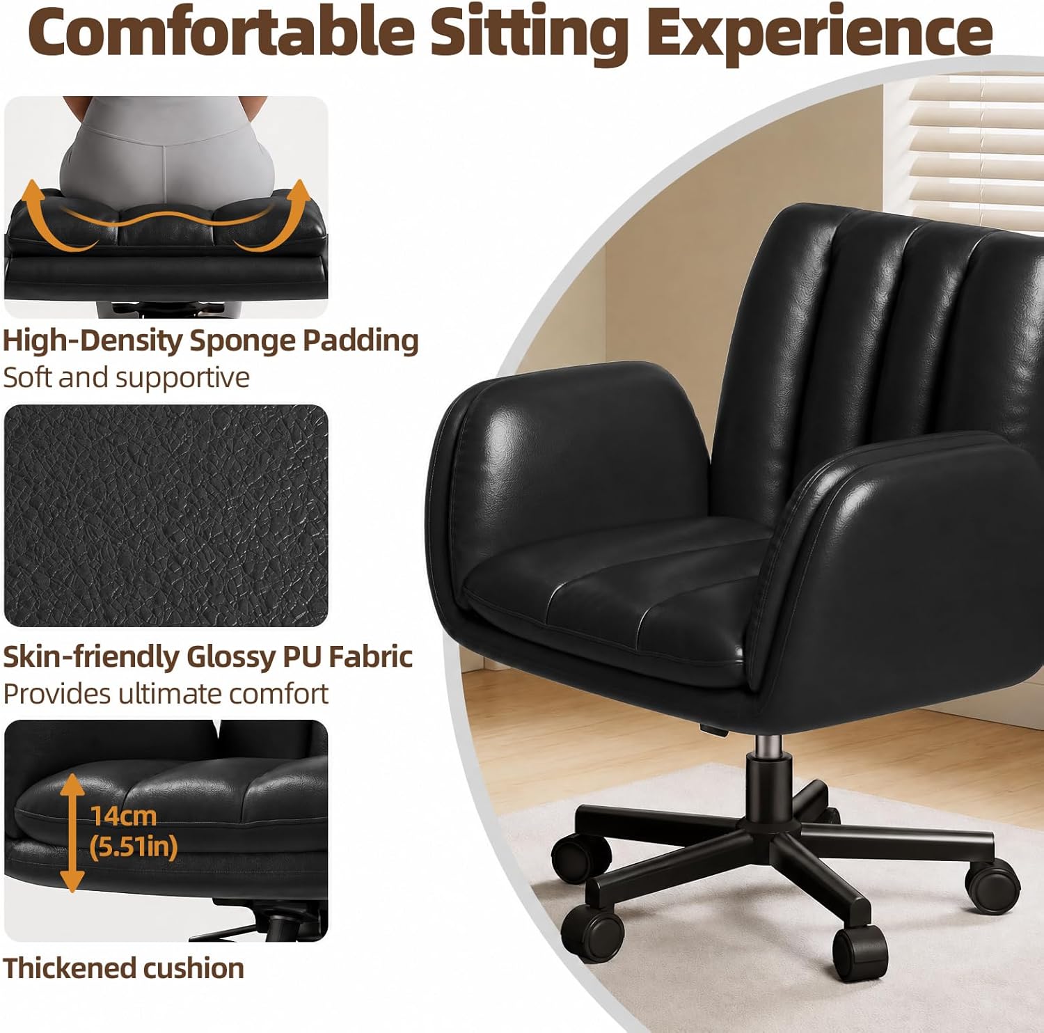 LBGYZ05 PU Leather Desk Chair Wide Seat, Cross-Legged Office Chair with Flip-up Arms