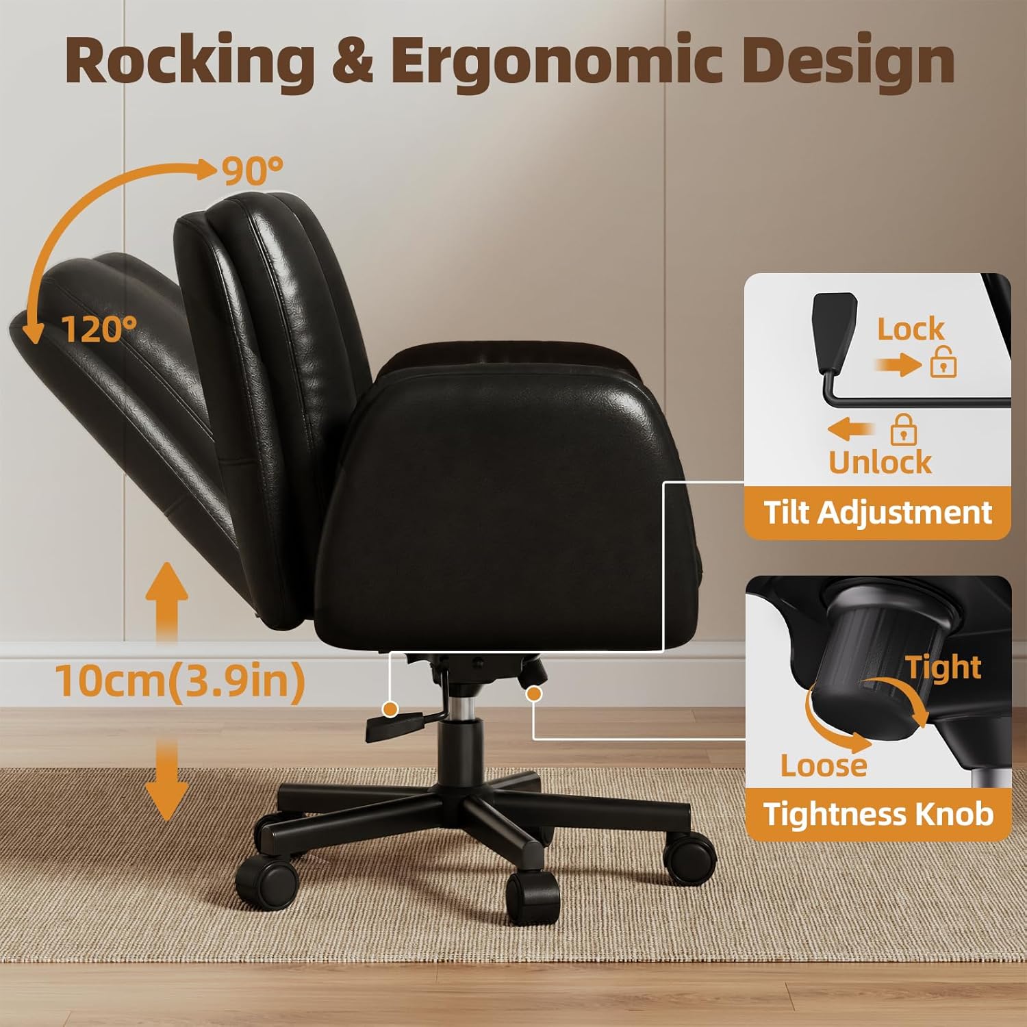 LBGYZ05 PU Leather Desk Chair Wide Seat, Cross-Legged Office Chair with Flip-up Arms