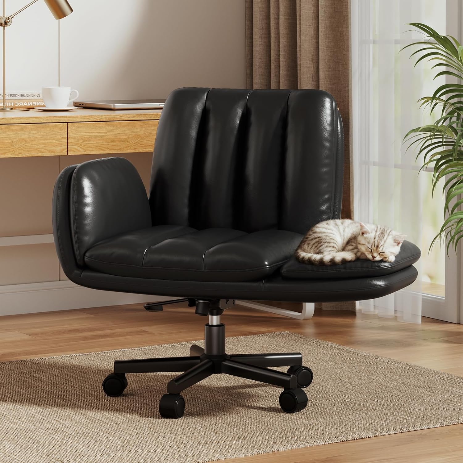 LBGYZ05 PU Leather Desk Chair Wide Seat, Cross-Legged Office Chair with Flip-up Arms