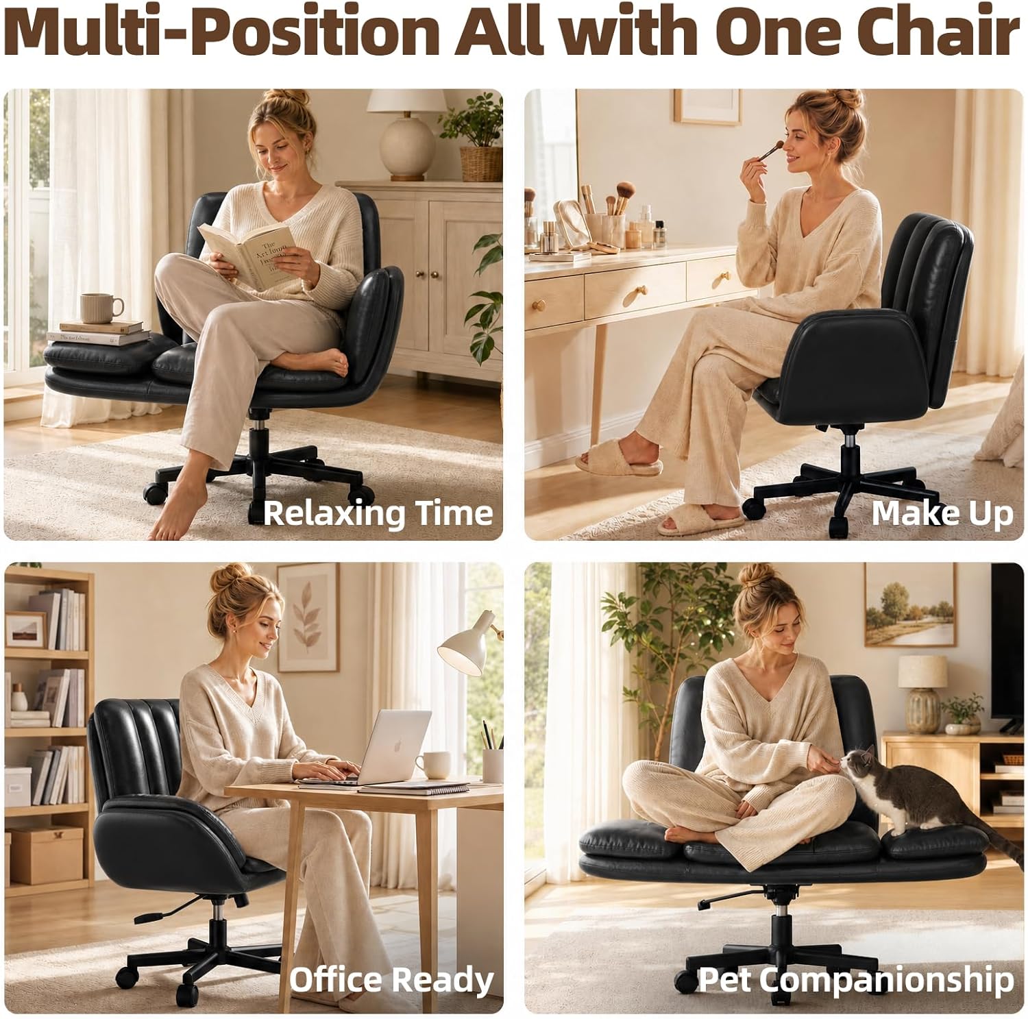 LBGYZ05 PU Leather Desk Chair Wide Seat, Cross-Legged Office Chair with Flip-up Arms