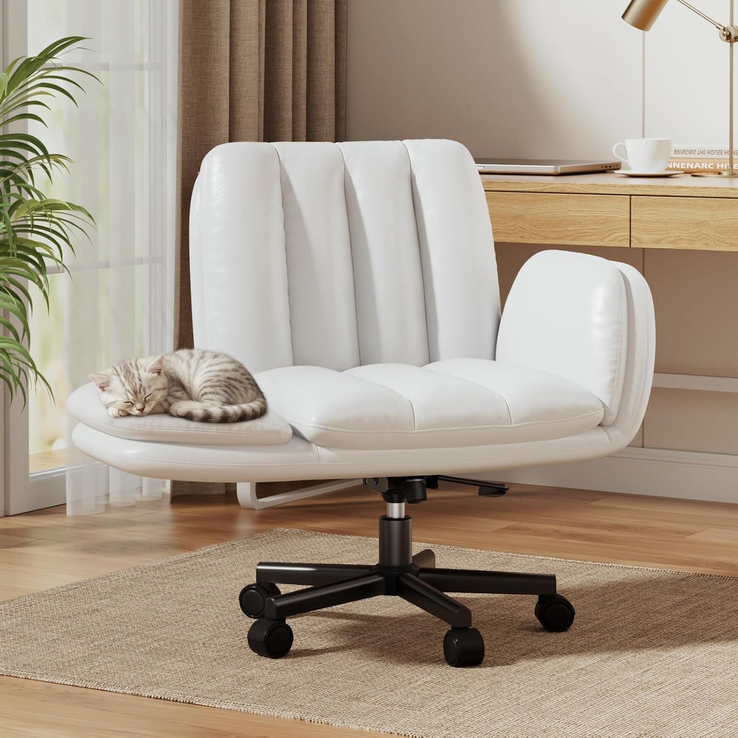 LB05 PU Leather Desk Chair Wide Seat Cross Legged Office Chair Flip up Arms