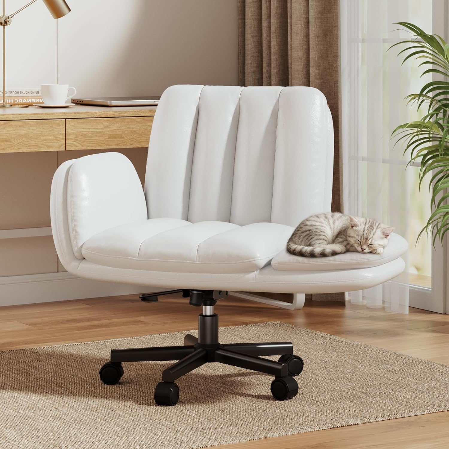 LBGYZ05 PU Leather Desk Chair Wide Seat, Cross-Legged Office Chair with Flip-up Arms