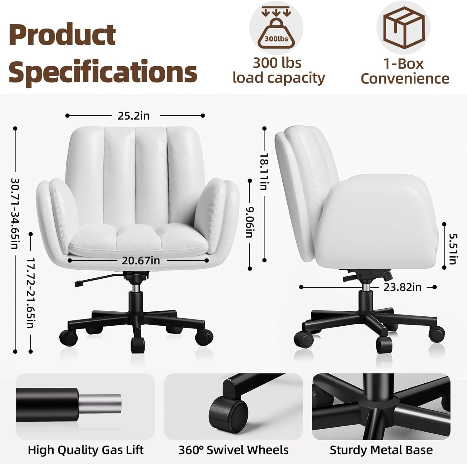 LBGYZ05 PU Leather Desk Chair Wide Seat, Cross-Legged Office Chair with Flip-up Arms