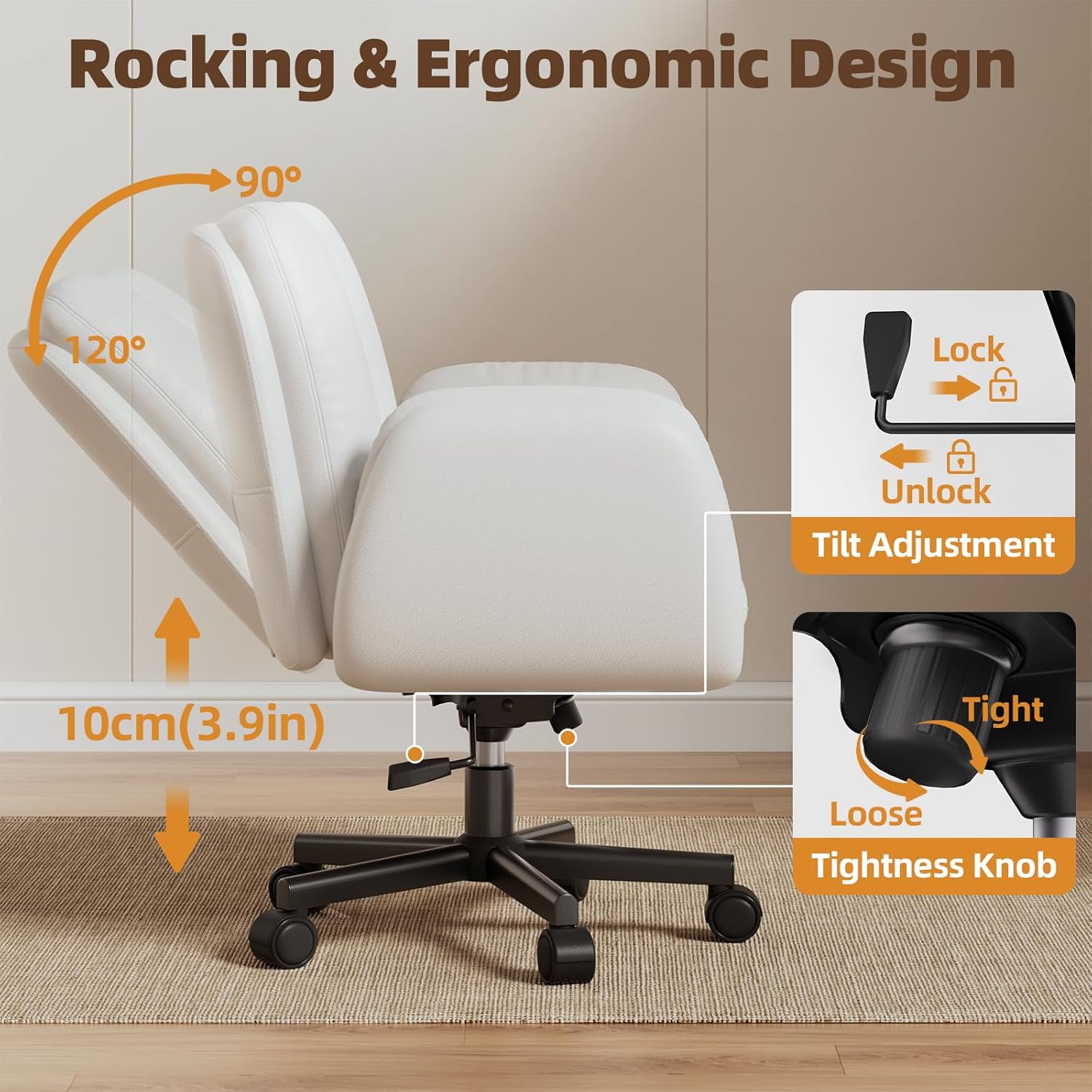 LBGYZ05 PU Leather Desk Chair Wide Seat, Cross-Legged Office Chair with Flip-up Arms