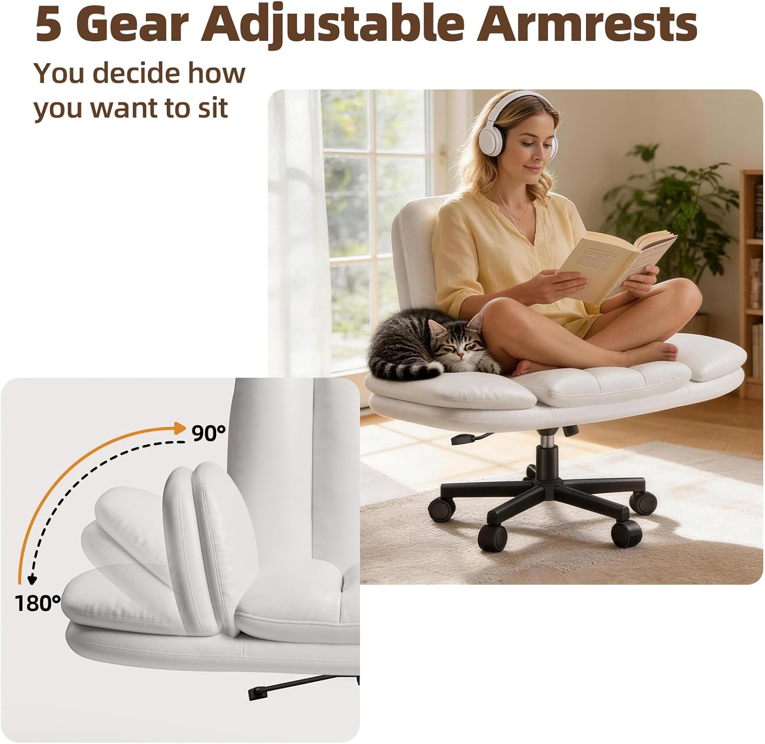 LBGYZ05 PU Leather Desk Chair Wide Seat, Cross-Legged Office Chair with Flip-up Arms