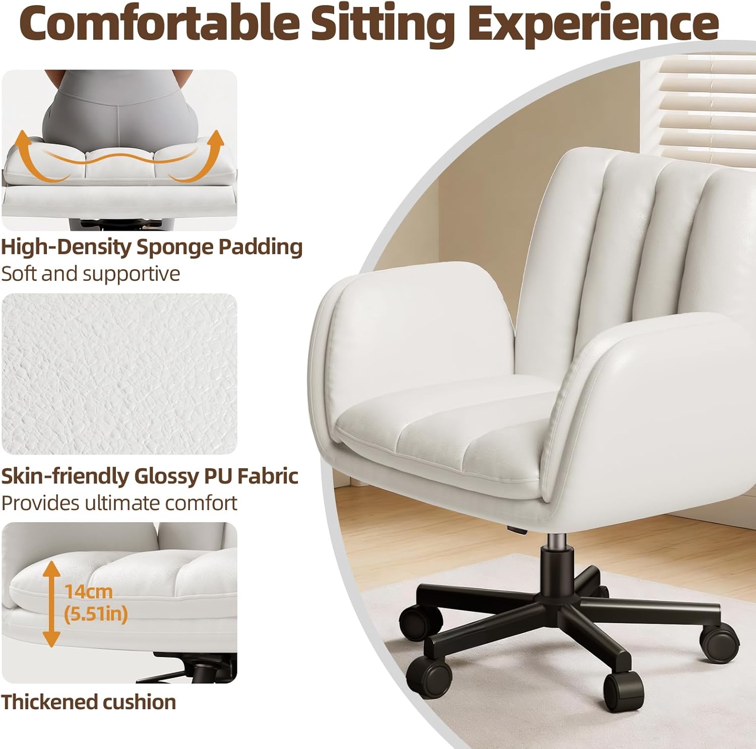 LBGYZ05 PU Leather Desk Chair Wide Seat, Cross-Legged Office Chair with Flip-up Arms