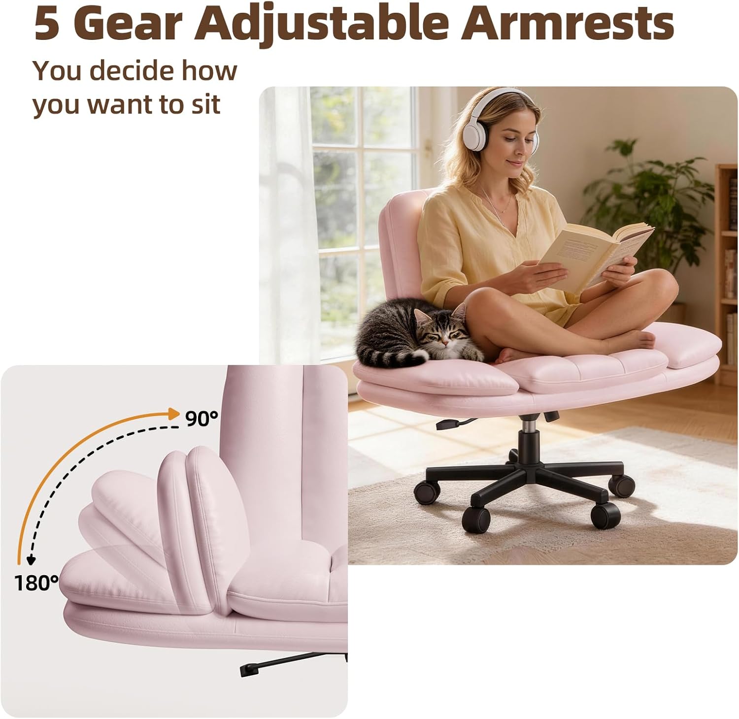 LBGYZ05 PU Leather Desk Chair Wide Seat, Cross-Legged Office Chair with Flip-up Arms