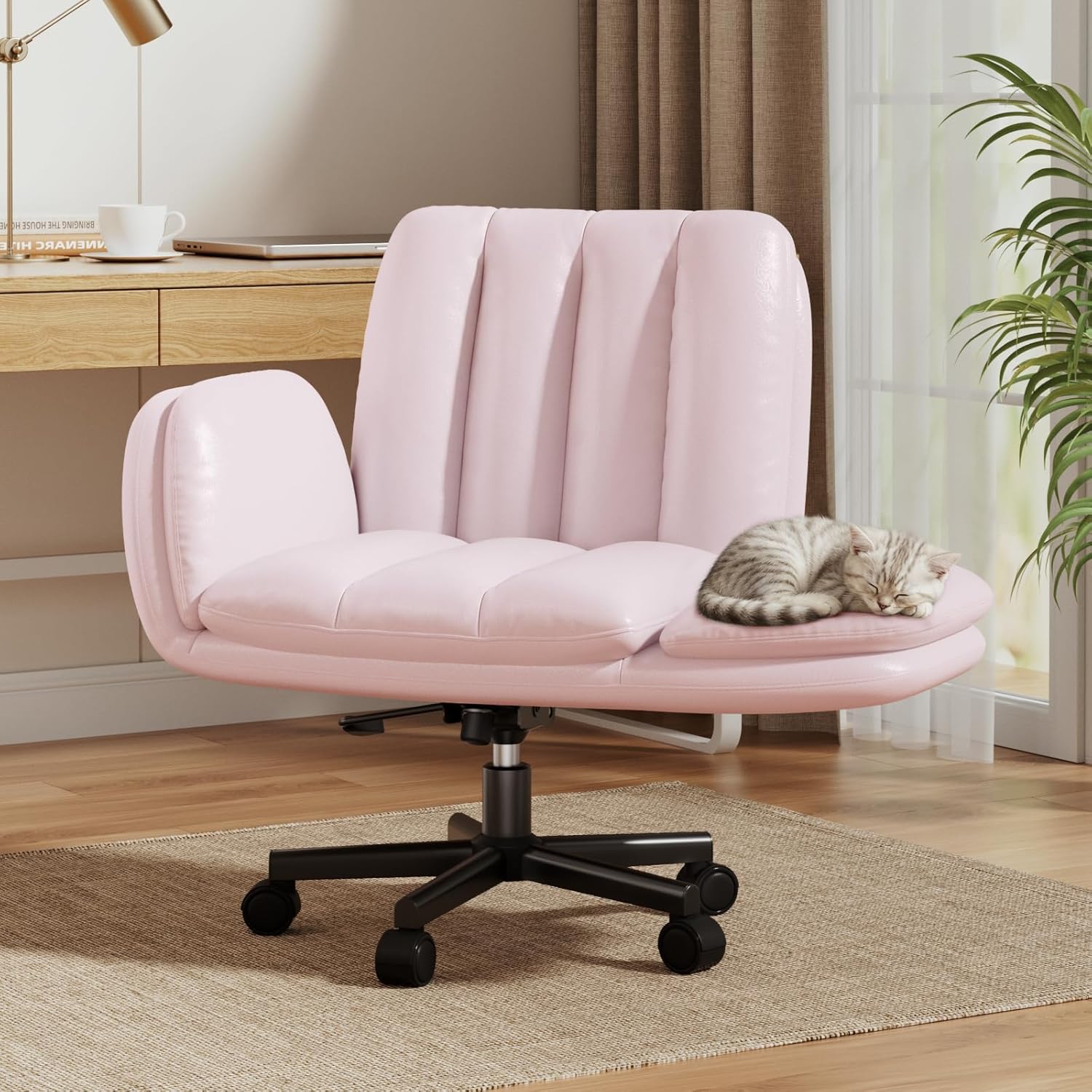 LBGYZ05 PU Leather Desk Chair Wide Seat, Cross-Legged Office Chair with Flip-up Arms