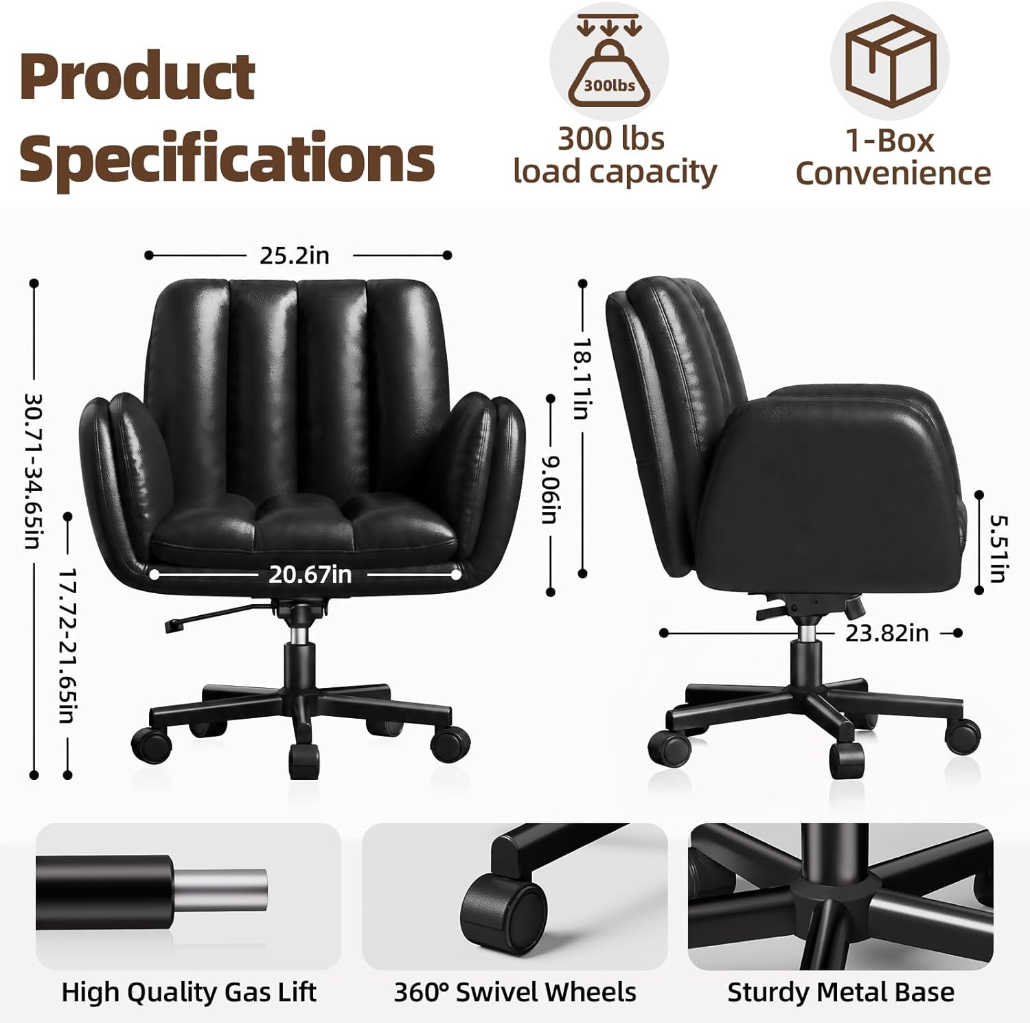 LBGYZ05 PU Leather Desk Chair Wide Seat, Cross-Legged Office Chair with Flip-up Arms