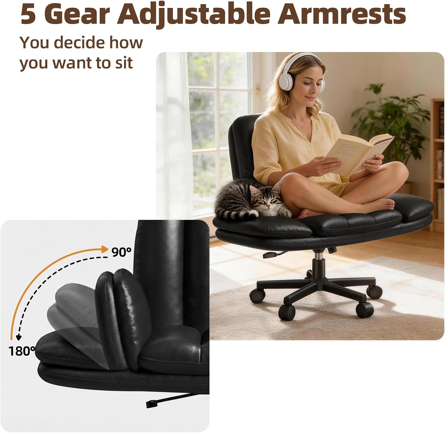 LBGYZ05 PU Leather Desk Chair Wide Seat, Cross-Legged Office Chair with Flip-up Arms