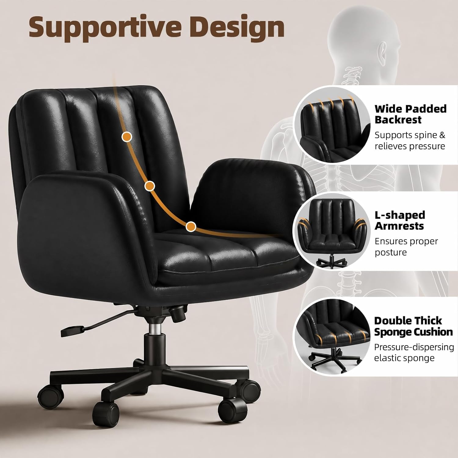 LBGYZ05 PU Leather Desk Chair Wide Seat, Cross-Legged Office Chair with Flip-up Arms