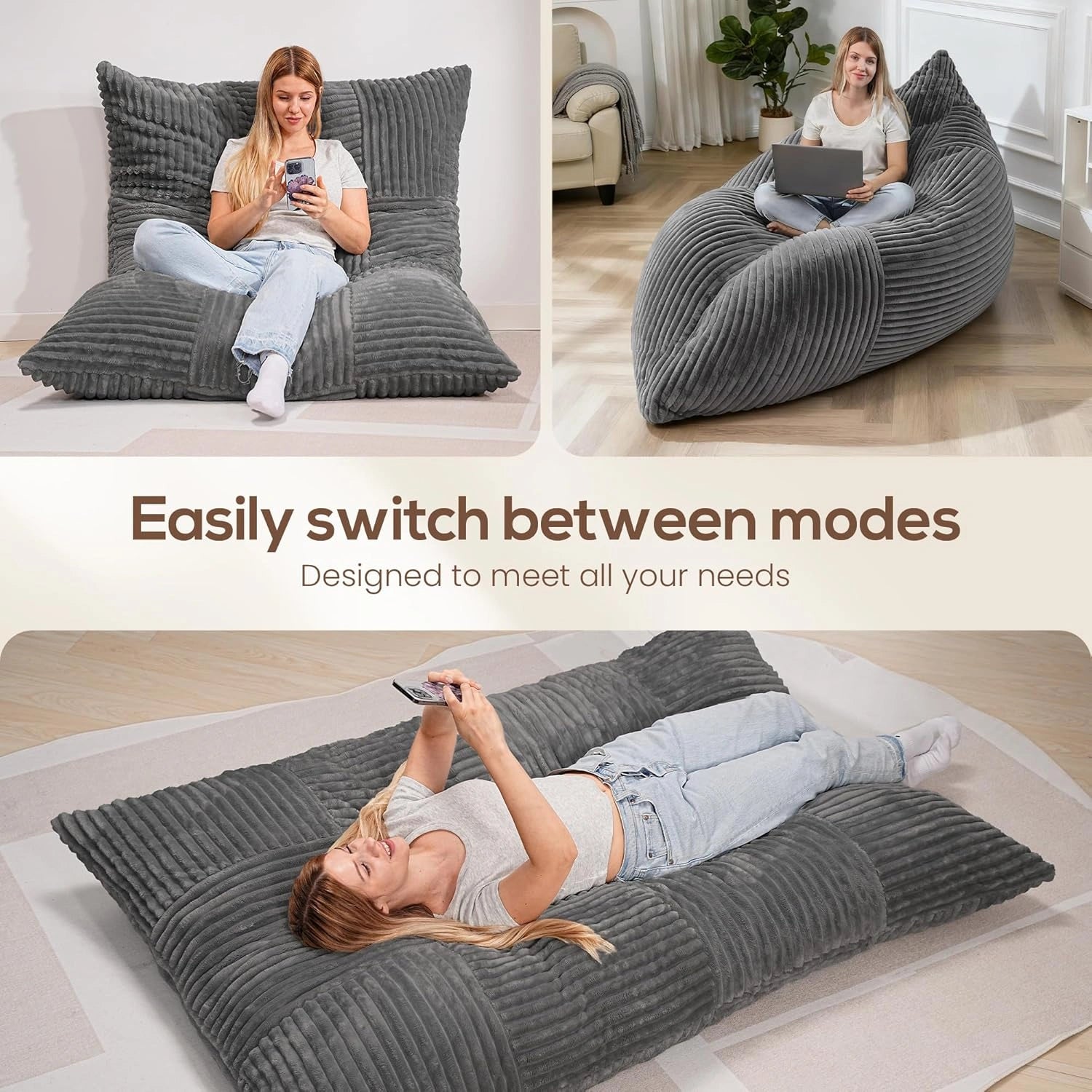 LDDSF02 Bean Bag Chairs for Adults 3 in 1 Washable Giant Bean Bag