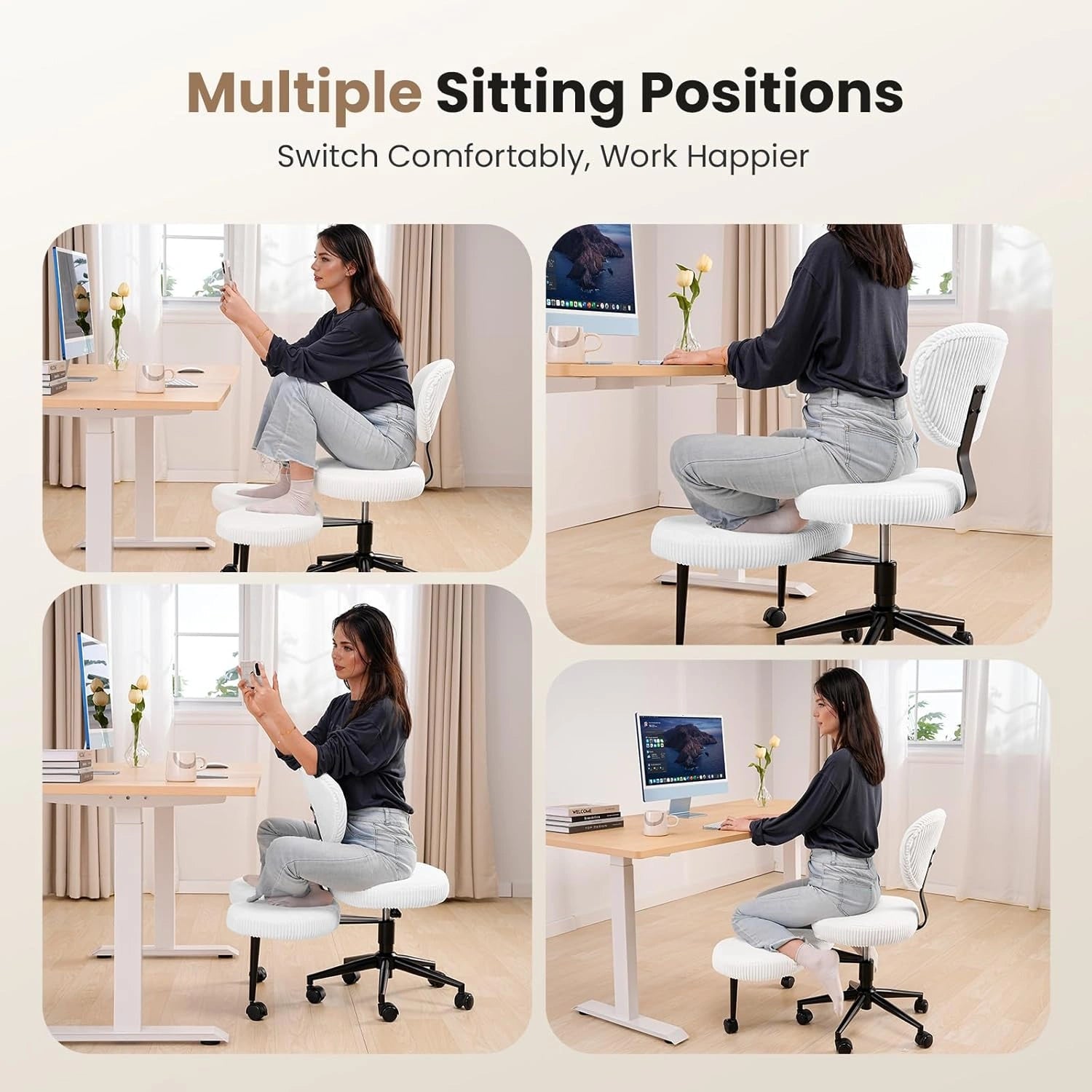 Ergonomic Cross-Legged Chair in White Corduroy