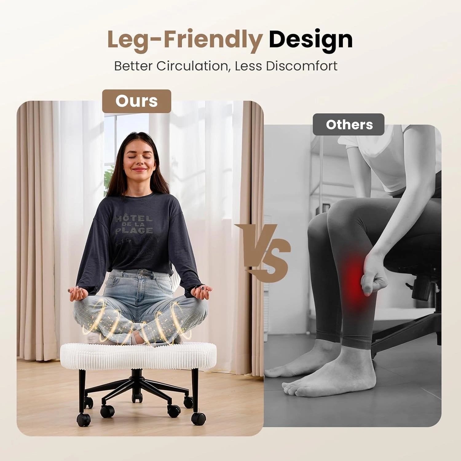 Ergonomic Cross-Legged Chair in White Corduroy