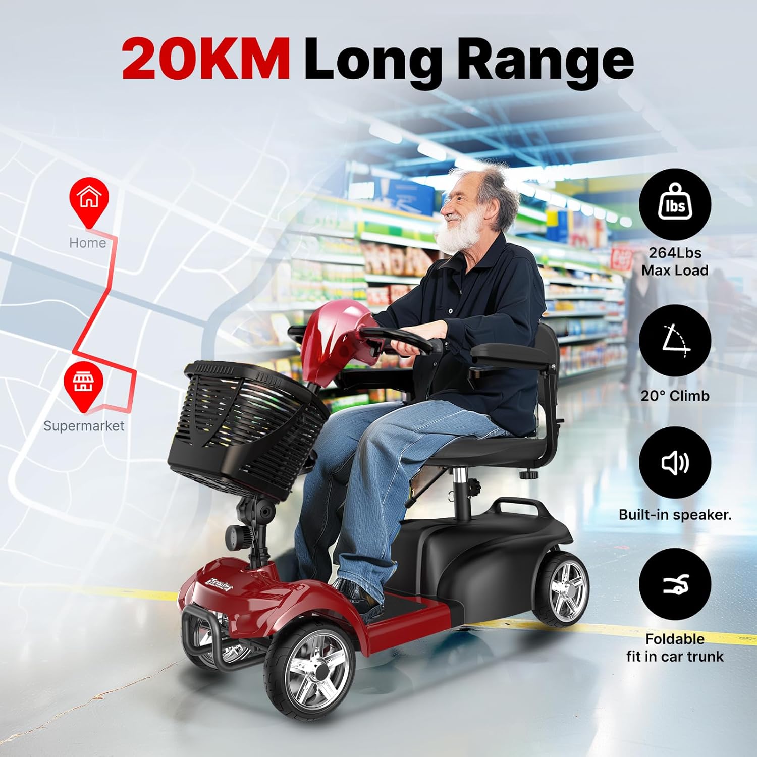 X-02 Mobility Scooter, 4-Wheel Electric Mobility Scooter for Adults, 20KM Range