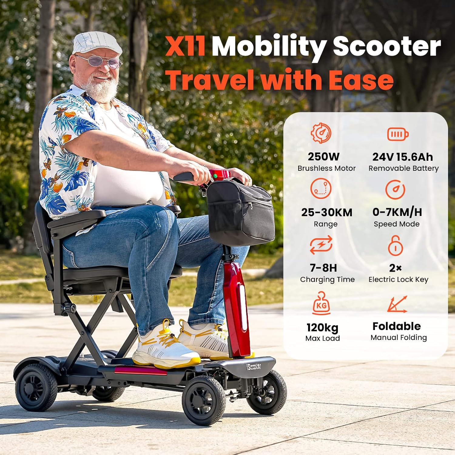 X11 Folding Mobility Scooter, 250W Motor, 30KM Range, 24V 15.6Ah